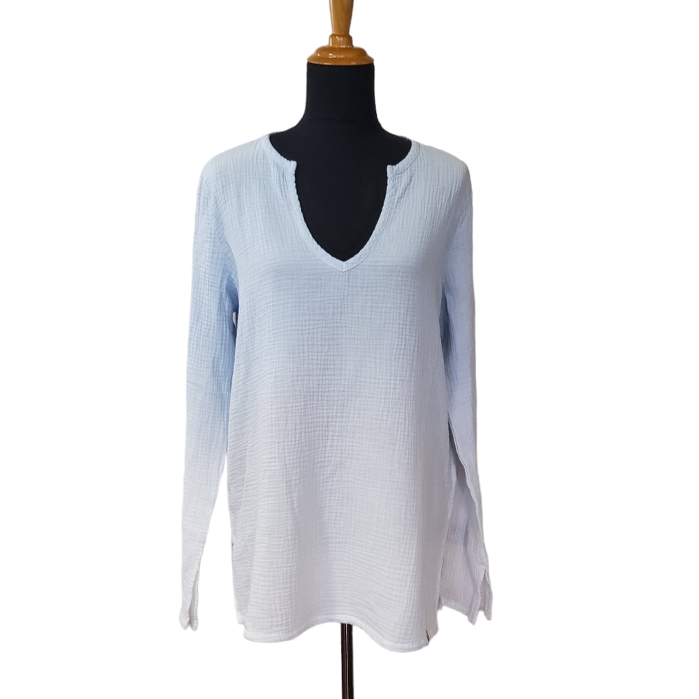 Sol Angeles Crinkled Gauze Tie Dye Ombré Tunic Top S Blue White